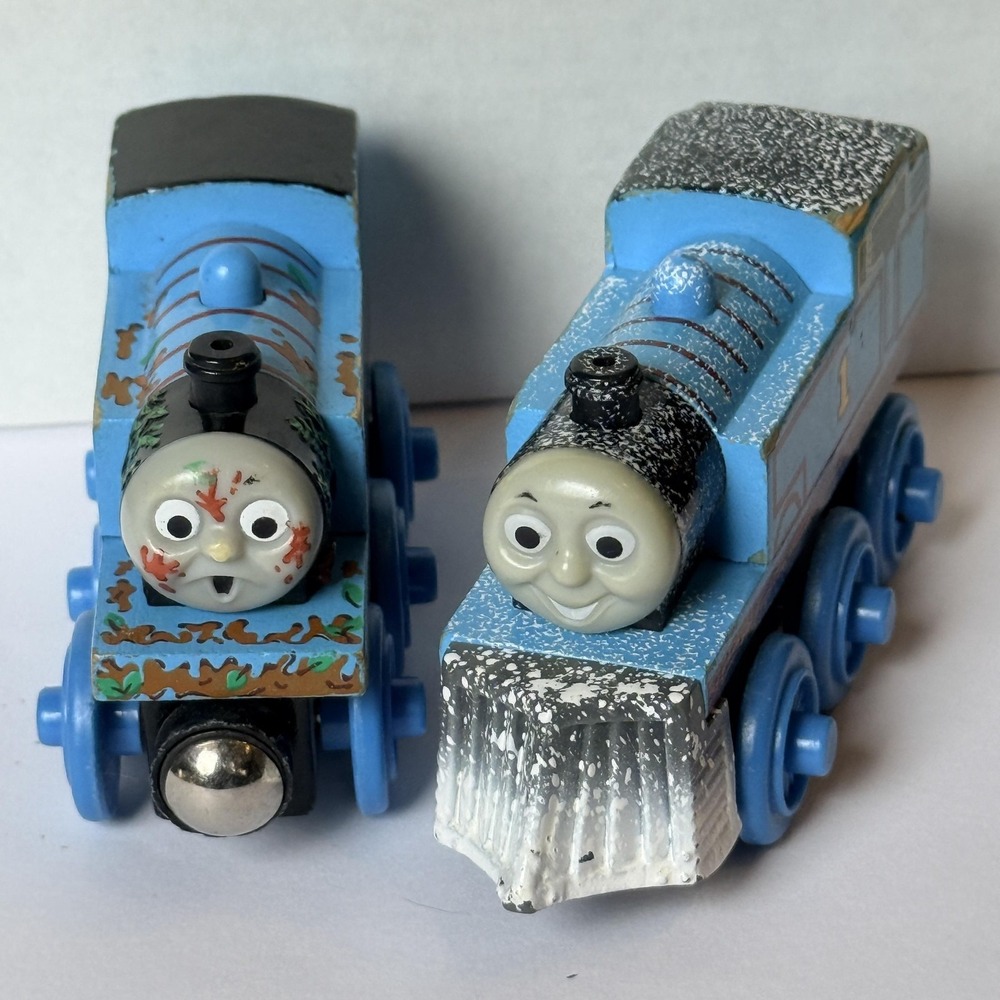Thomas Wooden Railway Snow Covered Mud Covered Lot of 2 Rare wood Train 2008